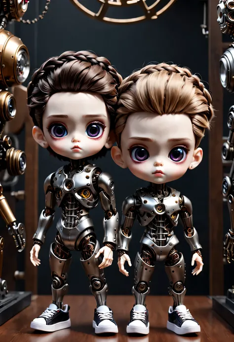 （best quality，4k，masterpiece：1.2），super detailed，lifelike：1.37，儿童书桌上的2个LovelyMechanical dolls，有趣的action，decoration，Possess human emotions and intelligence，Mechanical dolls，big eyes，dark eye makeup，mute，Lovely，Mechanical joint，Two boys with pigtails，whole b...