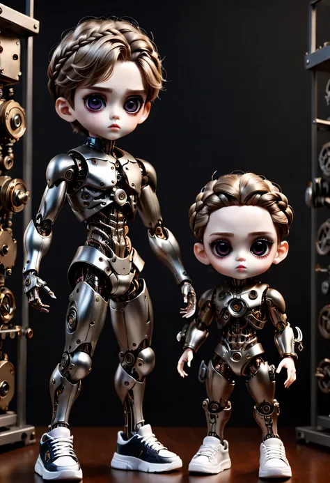 （best quality，4k，masterpiece：1.2），super detailed，lifelike：1.37，儿童书桌上的2个LovelyMechanical dolls，有趣的action，decoration，Possess human emotions and intelligence，Mechanical dolls，big eyes，dark eye makeup，mute，Lovely，Mechanical joint，Two boys with pigtails，whole b...