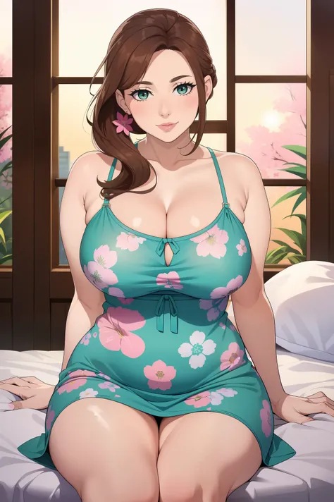 masterpiece, highest quality, (((ルーシー・ピンダーに似たソロmature woman))), (((brown hair))), ponytail, big breasts, (((wide hips))), (((aqu...