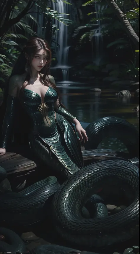 a beautiful seductive lamia, enchanting eyes, alluring smile, serpentine tail, flowing hair, scales shimmering under moonlight, ...