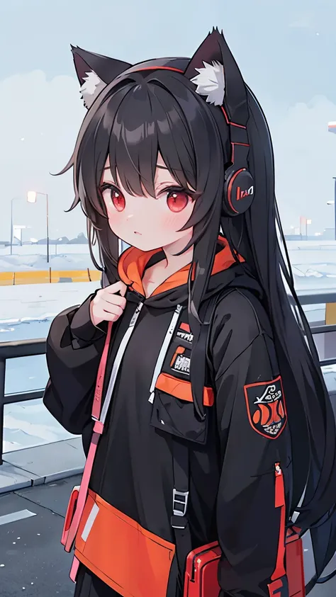 long black hair，Cat-eared girl，red eyes，tactical clothing，Wearing a black mask，With desert colored tactical headphones