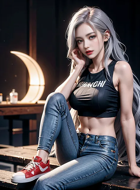 sfw, (Sci-fi fantasy), (Masterpiece), (professional oil painting) (best quality), (8k resolution), (1 beautiful girl), ((pale gray skin)), (iron gray skin), small head, ((jeans clothes)),(red jacket)), ((black t-shirt underneath), ((red lipstick)), ((black...