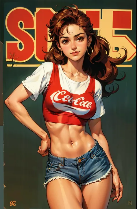 one tiny delicate girl, vintage, stand up, happy, sexy, long hair covers her breasts, maquiagem, covering her breasts, Lips are soft or colored, curly hair, coke logo red t-shirt, loose shirt,  shorts, jeans,high-waisted shorts,  fundo simples, sexy, vinta...