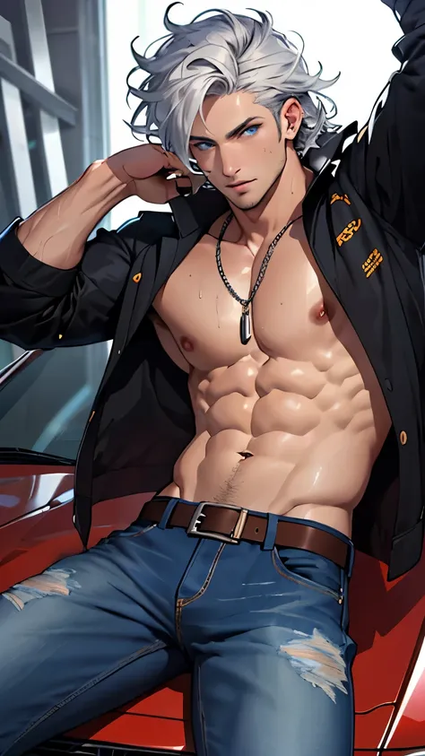 ((best quality)), ((Masterpiece)), (details), perfect face,high definition,Masterpiece,4k,details clearly,Handsome face,white skin,perfect body,male body,strong muscles,Abdomen muscles are wavy.,abdomen,blue eyes,white skin,The most handsome man in the wor...