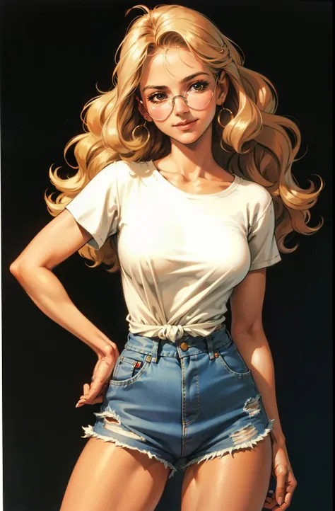 one tiny delicate 70s girl, vintage, stand up, happy, sexy, long hair covers her breasts, maquiagem, covering her breasts, Lips are soft or colored, blond curly hair, white loose t-shirt, loose shirt, 70s sunglasses, shorts, jeans,high-waisted shorts,  fun...