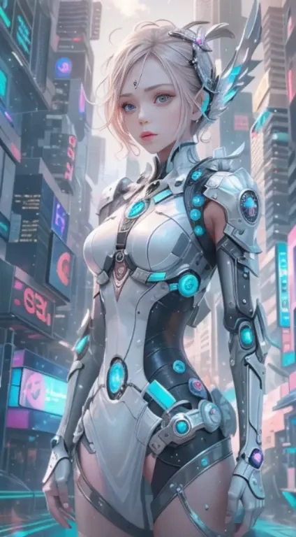 translucent ethereal mechanical girl，futuristic girl，mechanical joint，futuristic city background