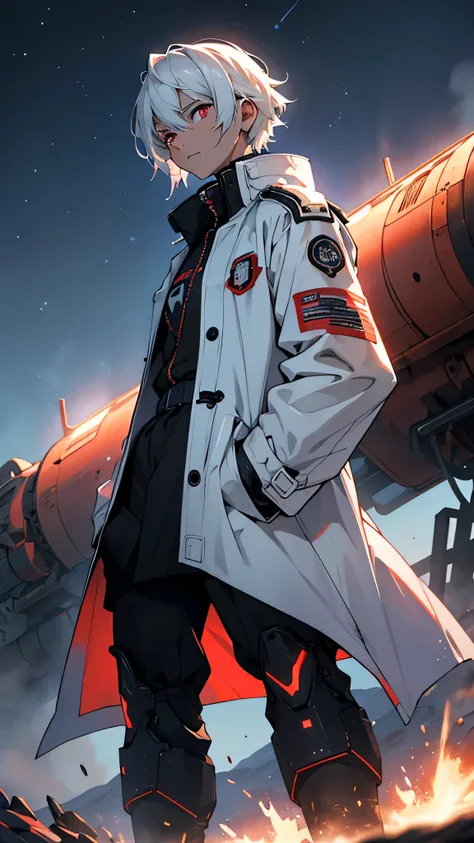 One with gray hair, young wick, rose red eyes, hands in pockets, Technical black trench coat, Star pattern embroidered on the back of the garment, Turn your back to the character，looking at the planet in the sky, long range wide angle, Super clear texture,...