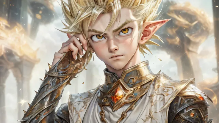 (master piece), 8k, best quality, book illustration, various expressions, elf boy, childlike appearance, male, teenager, 14 years old, 1.70 meters tall, white skin, thin body, pointed elf ears, beautiful finely detailed silver eyes, high forehead, spiky ye...