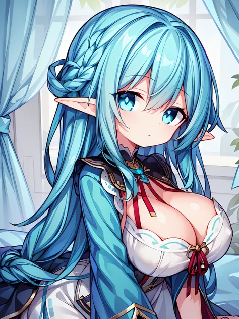 (girl in comfortable sleeping clothes:1.2), (pixiv), (masterpiece), (high fantasy:1.2), (huge tits:1.2), (elf teal hair side braid blue eyes)