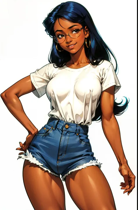 one tiny ebony girl, stand up, happy, sexy, long hair covers her breasts, maquiagem, covering her breasts, Lips are soft or colored, coily hair, white loose t-shirt, loose shirt, 70s glasses, high socks feet, shorts, jeans,high-waisted shorts,  fundo simpl...