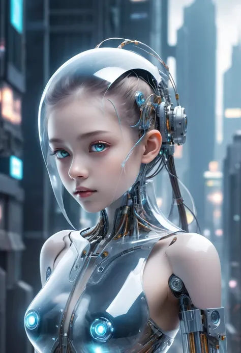 Translucent ethereal mechanical girl，futuristic girl，Mechanical joining technology girl，futuristic city background