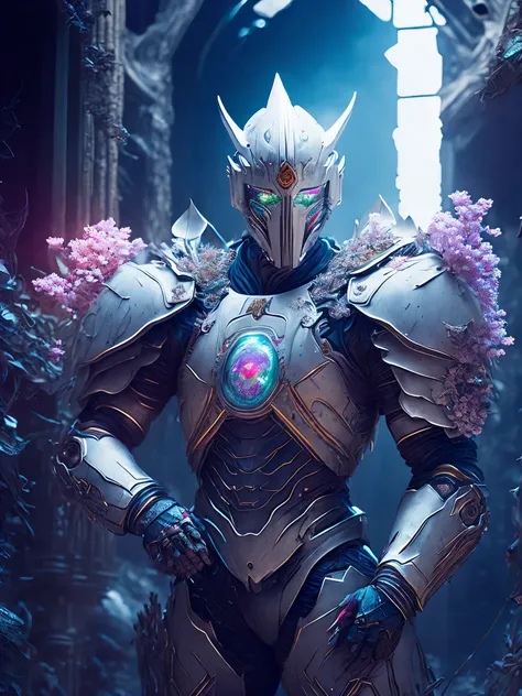 breathtaking cinematic science fiction photo of a portrait of a white knight, metal skin, body full of flowers and glowing metrics inside, glowing multicoloured eyes, multifaceted eyes, metallic arms, inside a destroyed building, extremely menacing creatur...