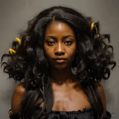 ((Cabelo longo, pele negra africana, boca carnuda, olhos amendoados, cabelo negro, cabelo afro, cabelo longo, cabelo sedoso))