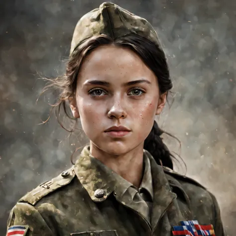 girl in military uniform without insignia, dark hair, traces of dirt on the face, photorealism, ultra-nd, High detail