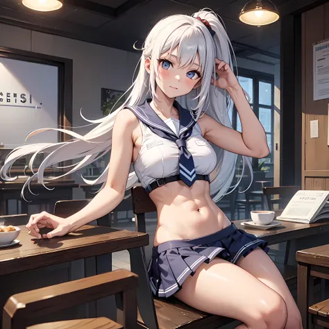 Photo, gray-haired girl stands in front of the camera, standing straight, Ponytail, Perfect body, press, 4-pack press, school uniform, 8K, Best quality, One girl, 20 years, Blue eyes, At school