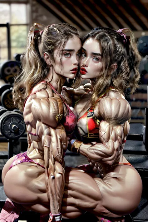 (2 girls body builders:1.6), ((masterpiece)), best quality, ultra-detailed:1.7, finely detail, high resolution:1.6, perfect dynamic composition, beautiful detailed faces:1.77, blonde babes:1.88, perfect red lipstick, perfect makeup:1.8, short denim bikini ...