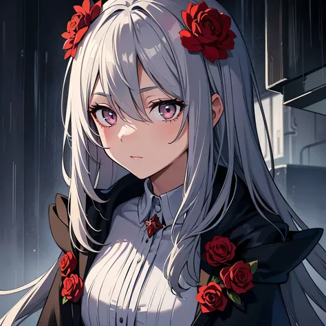 (((surrealism))),1 girl,alone,1 girl,alone,((detailed and beautiful eyes)), (detailed light),Depth of the bounds written,(gray hair),silver eyes,hair above one eye,(Red flower ), hair flower,long hair,black cloak,Wet,emotionless,think back,night,starfall,i...