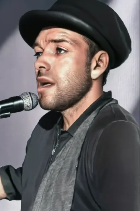 arafed man in a black hat singing into a microphone, performing on stage, live performance, concert footage, performing, rapping into microphone, 2 0 1 5 live music video, performance, childish, performing a music video, vocalist, very details, still from ...