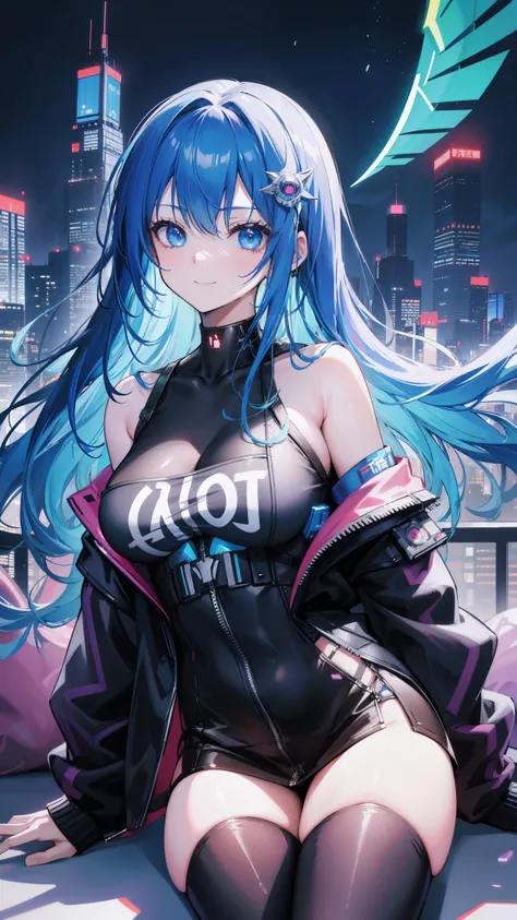 (masutepiece), Best Quality, 超A high resolution,, Cyberpunk 1 girl flies over stunning cityscapes ,Hoodie,Blue hair, neon color流れ星, Very long hair, off shoulders, feathers hair ornament, neon color, flashes, stunning night sky, Cinematic lighting, Photorea...