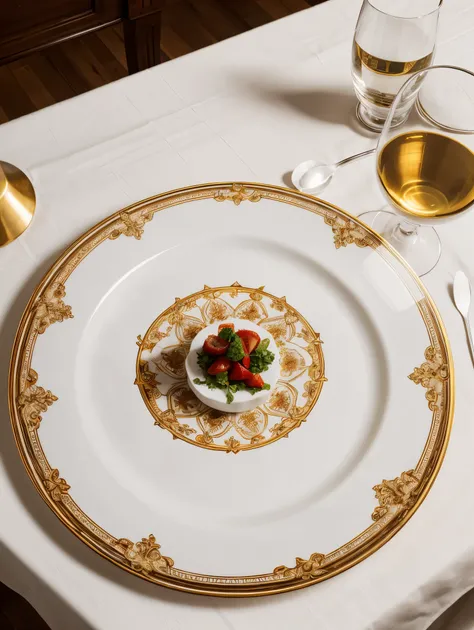 Gault millau dinner on a baroque plate, white table cloth