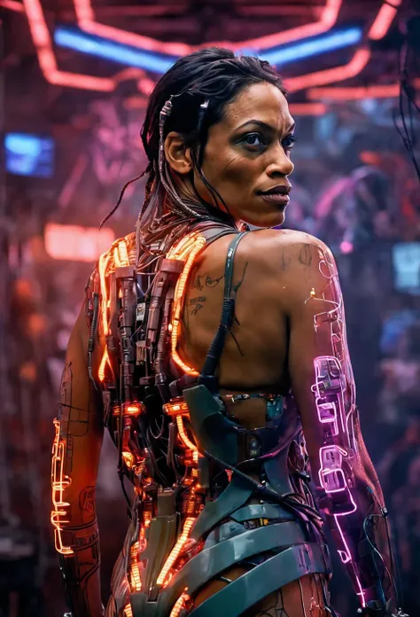 (ohwx woman) cyborg, surrounded by cables , (rosario dawson),  hair braided in pigtails, tattoos on her face, neck and breasts, ...