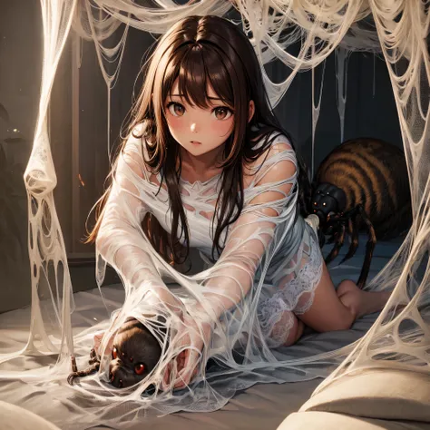 1girl,spider weaving a net on the girl,réalism:1.2,ultra-detailed,bedroom setting,stretched pose,struggling in the net,brown hai...