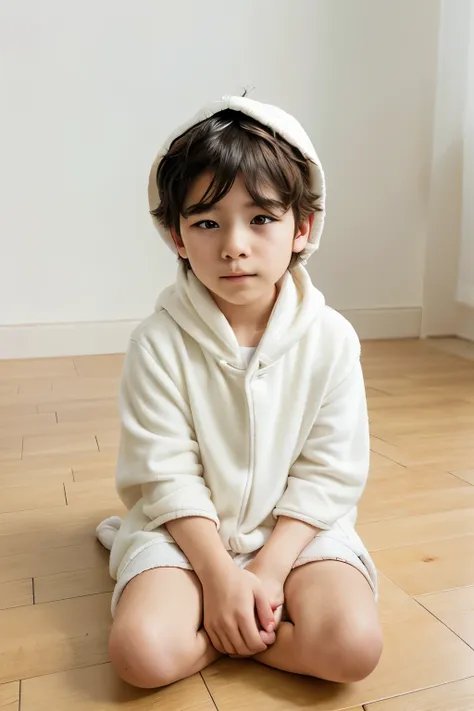 sleepy kawaii boy sitting on the floor in a blanket, white background