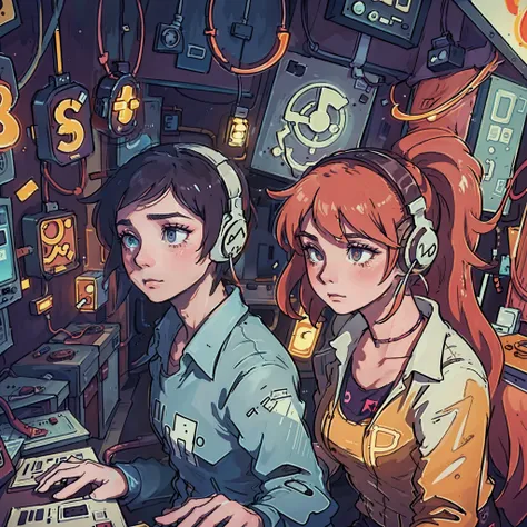 a boy and a girl are listening to music with headphones together in an old vinyl store, a room with a lot of singer poster, 80s style, with neon lights. The atmosphere is sad when the girl wanna break up.