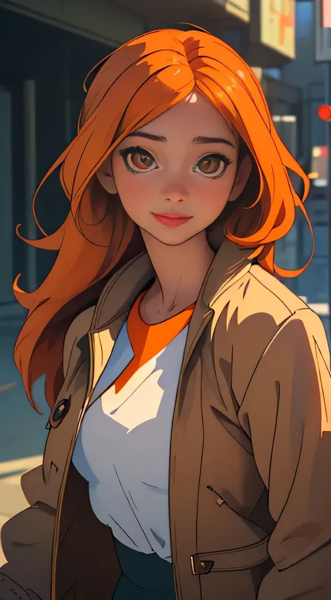 (Masterpiece: 1.4), best quality: 1.2, Illustration of a captivating girl with orange hair, wearing a white shirt and a brown jacket. The image exudes an extraordinary level of detail and realism, with Yoo Sangahs signature artistic touch. The girls expres...