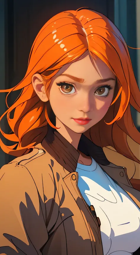 (Masterpiece: 1.4), best quality: 1.2, Illustration of a captivating girl with orange hair, wearing a white shirt and a brown jacket. The image exudes an extraordinary level of detail and realism, with Yoo Sangahs signature artistic touch. The girls expres...