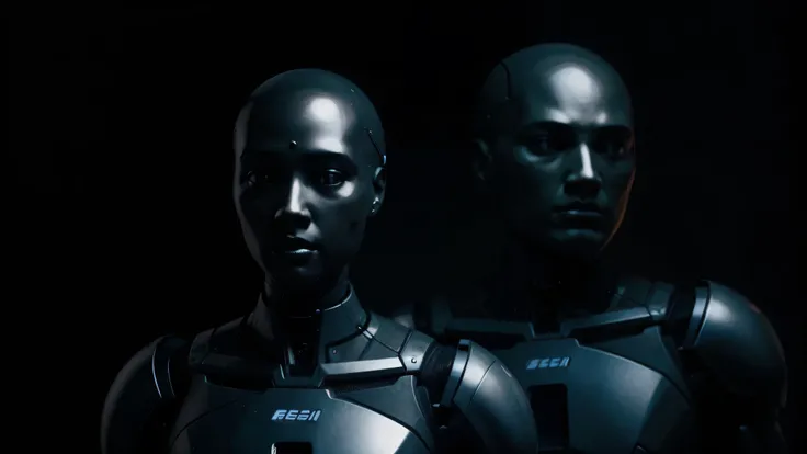 Artificial intelligence humanoid, black background 