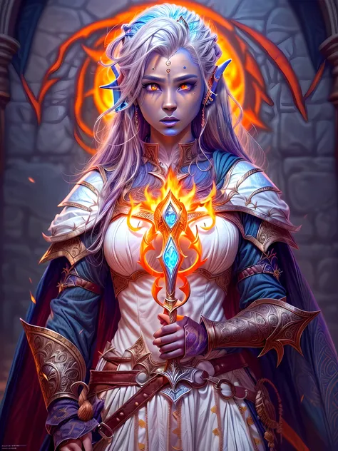 fantasy art, dnd art, RPG art, wide shot, (masterpiece: 1.4) a (portrait: 1.3) intense details, highly detailed, photorealistic, best quality, highres, portrait a female (fantasy art, Masterpiece, best quality: 1.3) ((blue skin: 1.5)), intense details faci...