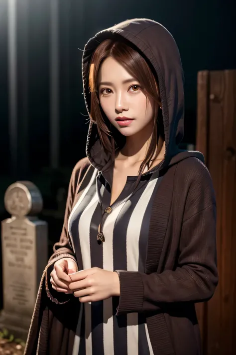 Cute hooded grim reaper shrouded in dark fog,wield a sickle,emerge from the swirling shadows.Standing at the graveyard of forgotten souls.(light brown and red striped hair:1.3),perfect face,proper body proportions,table top,Ultra high quality output image,...