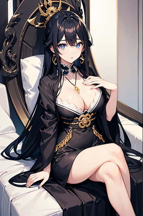 A japanese woman, long wavy hair, black hair, blue eyes, black and white dress, necklace and earrings, wealthy, soft makeup, long eyelashes, cruel, big chest, sitting on her throne, Crossing legs, appealing dress, detailed 