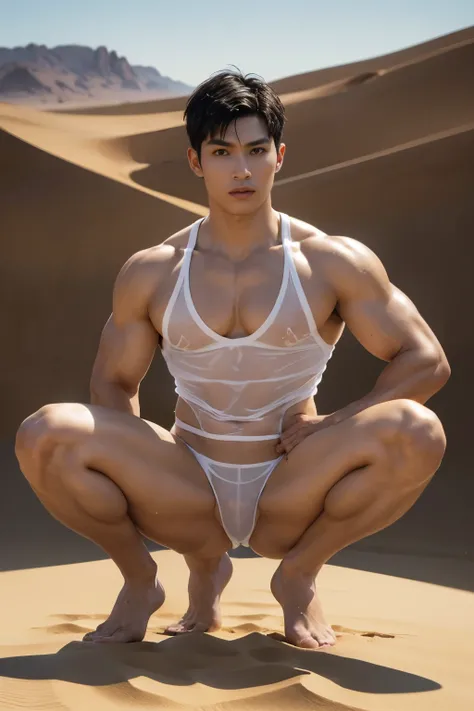 (Masterpiece, Best quality, offcial art, Aesthetic: 1.2), (Super detail), (Muscular macho，see-through thong: 1.2) ((Short hair, Prince of the Desert: 1.3)) ((Short hair, Muscular 32 years old: 1.3)) Fine details, Most Best Illustration, (High contrast), (U...