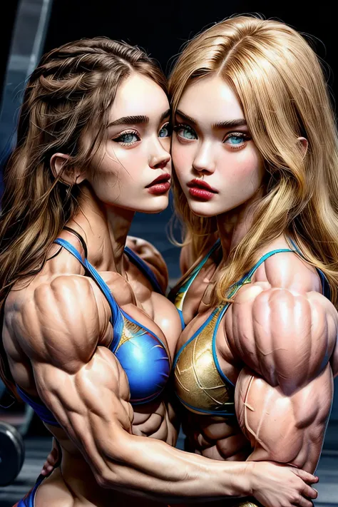 (2 girls body builders:1.6), ((masterpiece)), best quality, ultra-detailed:1.7, finely detail, high resolution:1.6, perfect dynamic composition, beautiful detailed faces:1.77, blonde babes:1.88, perfect pink lipstick, blue eyes, perfect makeup:1.8, short b...