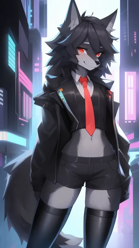 Best quality, Super detailed illustration, (fluffy wolf boy:1.4), (matte black fur color:1.4), feminine face and body, disheveled thick hair, cyberpunk clothing, dressed in a coat, tie ,short shorts, Tight stockings, shy smile, Femboy, small waist, wide hi...