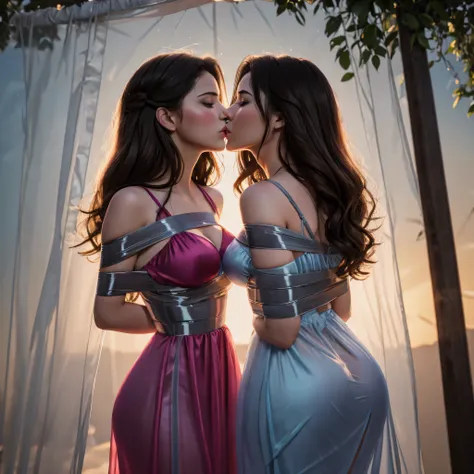 two girl kissing, see her ass,(bright lighting,romantic setting),dreamy background,bondage,dark hair, mesmerizing gaze, , soft skin, alluring beauty, artistic portrait, high-quality image, vibrant colors,translucent long silk gown, mosquito net