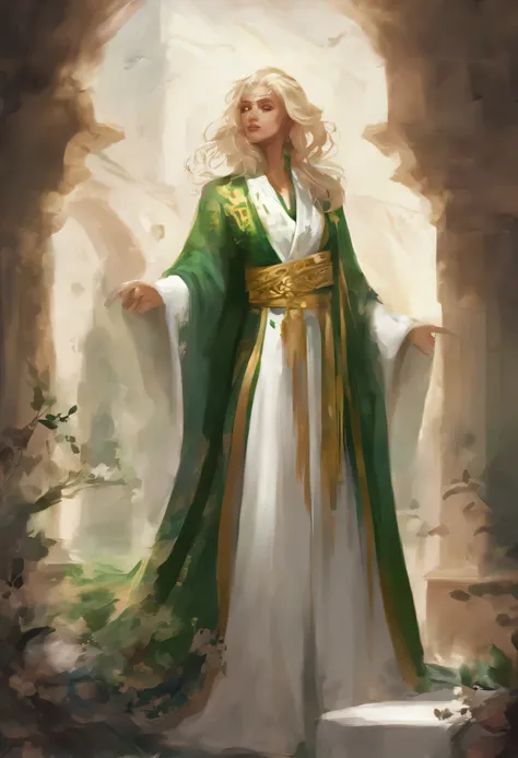 shy, gutaussehender Mann in Keramikkleidung mit blondem langem Haar, green, white and gold robe 