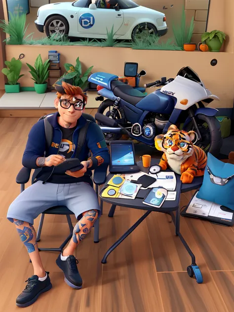 
man with dark glasses, highlighted hair, tattooed sitting next to a table with tablets, money bills, glasses, Oakley backpacks, a little orange stuffed tiger with a blue cap on its side, behind a motorbike, and in the background a car