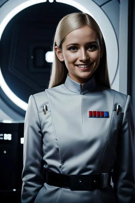 young woman with long hair in imperial officer uniform smiling ,in an interrogation room, 8k uhd, dslr, sanfte beleuchtung, good...