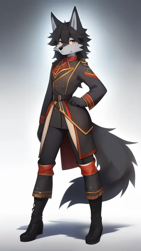 Best quality, Super detailed illustration, (fluffy wolf boy:1.4), (matte black fur color:1.4), feminine face and body, disheveled thick hair, old russian military clothing, ankle boots,  shy smile, Femboy, small waist, wide hips, Slim, Perfect body, full l...