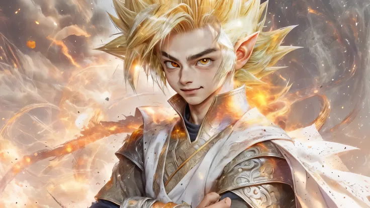 (master piece), 8k, best quality, book illustration elf boy, childish appearance, male, teenager, 14 years old, 1.70 meters tall, white skin, thin body, pointed elf ears, beautiful finely detailed eyes silver in color, high forehead, spiky yellow blonde ha...