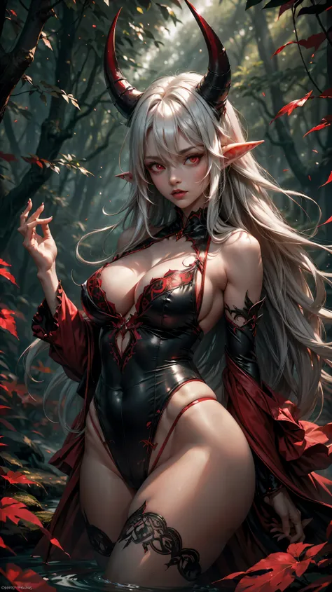 elf ears (horns on head) ,black hair (RED EYES)(best quality,ultra-detailed),vibrant colors,sharp focus,realistic,photorealistic:1.37,forest background,warm sunlight,portrait,anime-esque style,green foliage,elegant,playful,curvaceous,flirtatious,striking f...