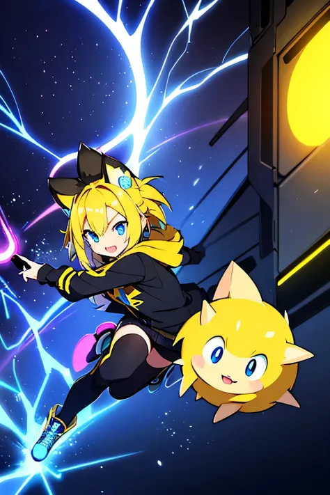 (anime girl hedgehog with yellow fur and blue eyes, vibrant, cyberpunk art style, wearing a black hoodie, lightning powers, neonpunk)