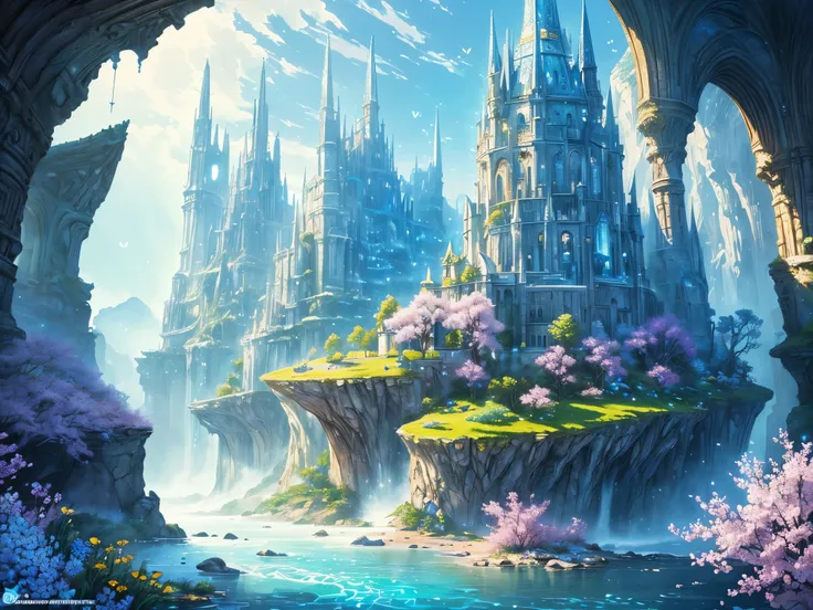 ((highest quality)),(ultra high resolution),(Super detailed),(detailed description),((best CG)),(best work of art),super precision art,amazing drawing art,(Fantasy art with precise details:1.5), Utopia of eternal spring,coloured butterflies、The blue sky sp...