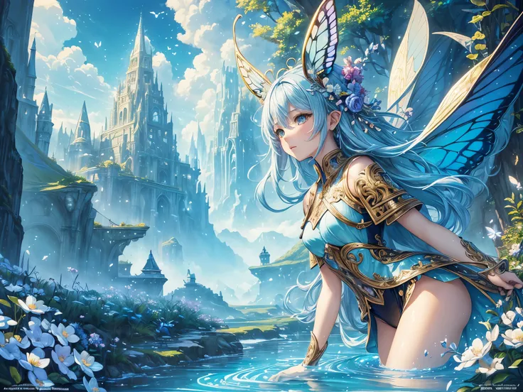 ((highest quality)),(ultra high resolution),(Super detailed),(detailed description),((best CG)),(best work of art),super precision art,amazing drawing art,(Fantasy art with precise details:1.5), Utopia of eternal spring,coloured butterflies、The blue sky sp...