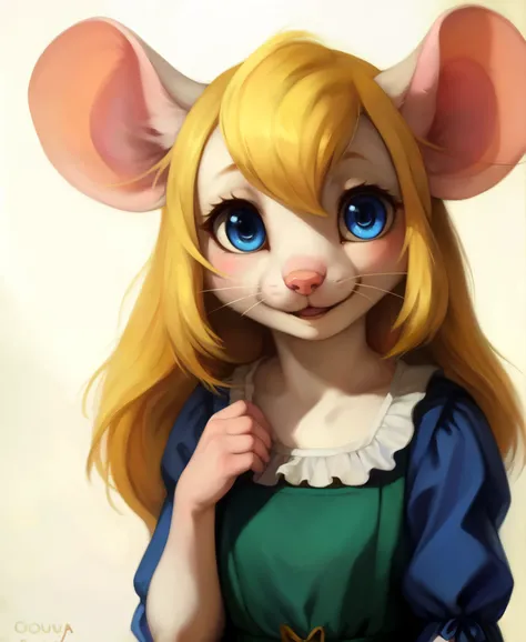 (oil painting, vibrant colors, by honovy, by oouna) best quality, good quality, solo female ((young (gadget hackwrench, kemono mouse) white body, yellow hair, mouse nose)), diagonal_bangs, blue eyes, long eyelashes, mole under eye, white fur, dirndl, germa...