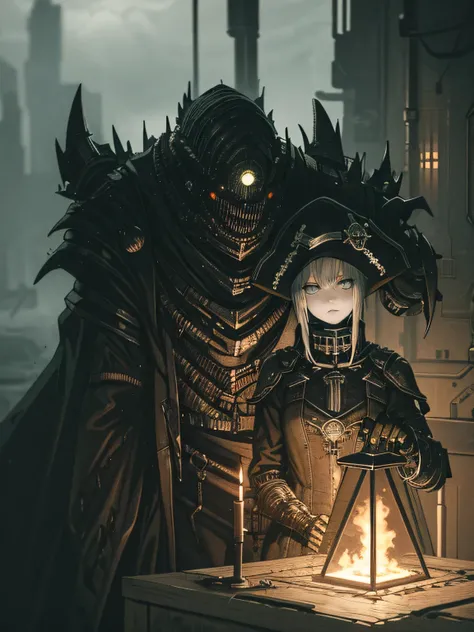 (((dark biopunk horror art))), ((gloomy biopunk atmosphere)), beautiful anime girl, biopunk girl, (iron skin), (metallic skin), (steel plating), iron hair, pirate cocked hat, cocked hat, embossed bracers, smooth lines, smooth engraving, long robe, long hoo...