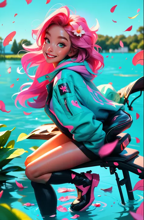 cyberpunk female woman wearing (turquoise Jacket with chromatic accents:1.1), sleek pink and White full bodysuit, side view turning to face camera, (Petal Blush, Lagoon Blue color background:1.3), amazing smile, looking at camera, golden hour
